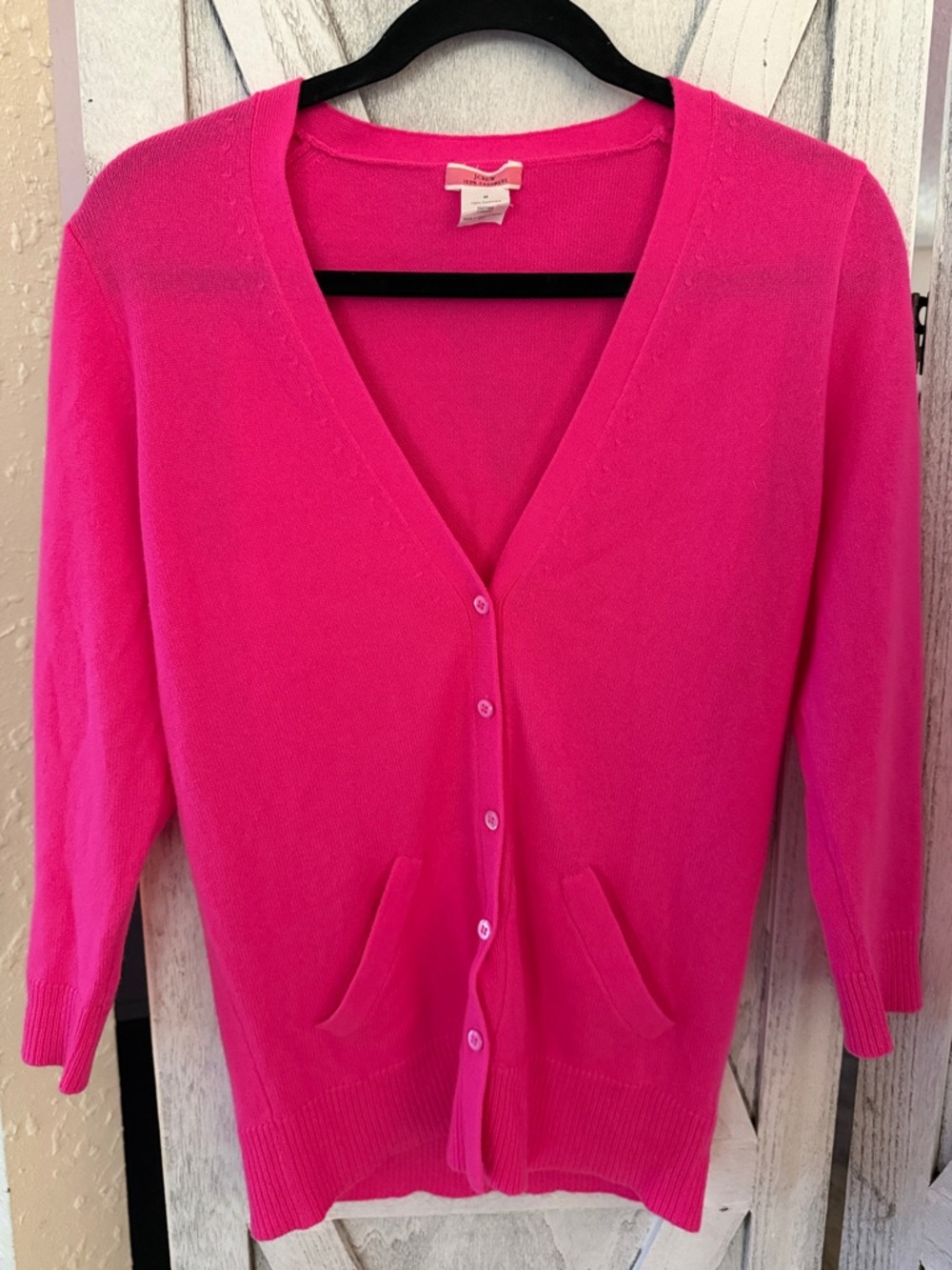 J. Crew Bright Pink V-Neck Button 100% Cashmere cardigan sweater!